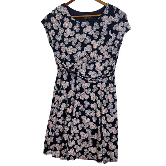Perceptions Petite Cap Sleeves Dress Women's Size Large L Navy White Daisies - Picture 1 of 7